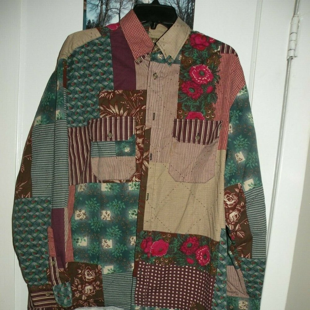 VTG 80s Souleiado French Provençal indienne unisex GREEN RED BEIGE QUILT SHIRT 4